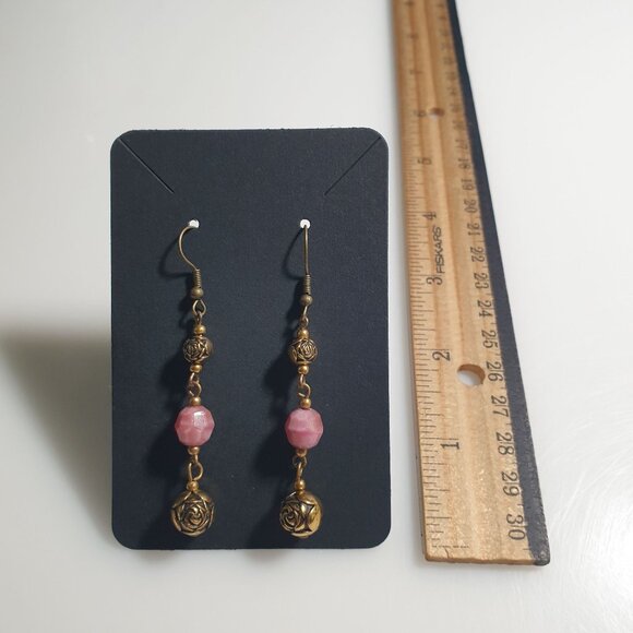 Rose Gold Tone Drop Earrings Pink Beaded Long Dangle Hook Lightweight Mom Gift - Picture 4 of 5